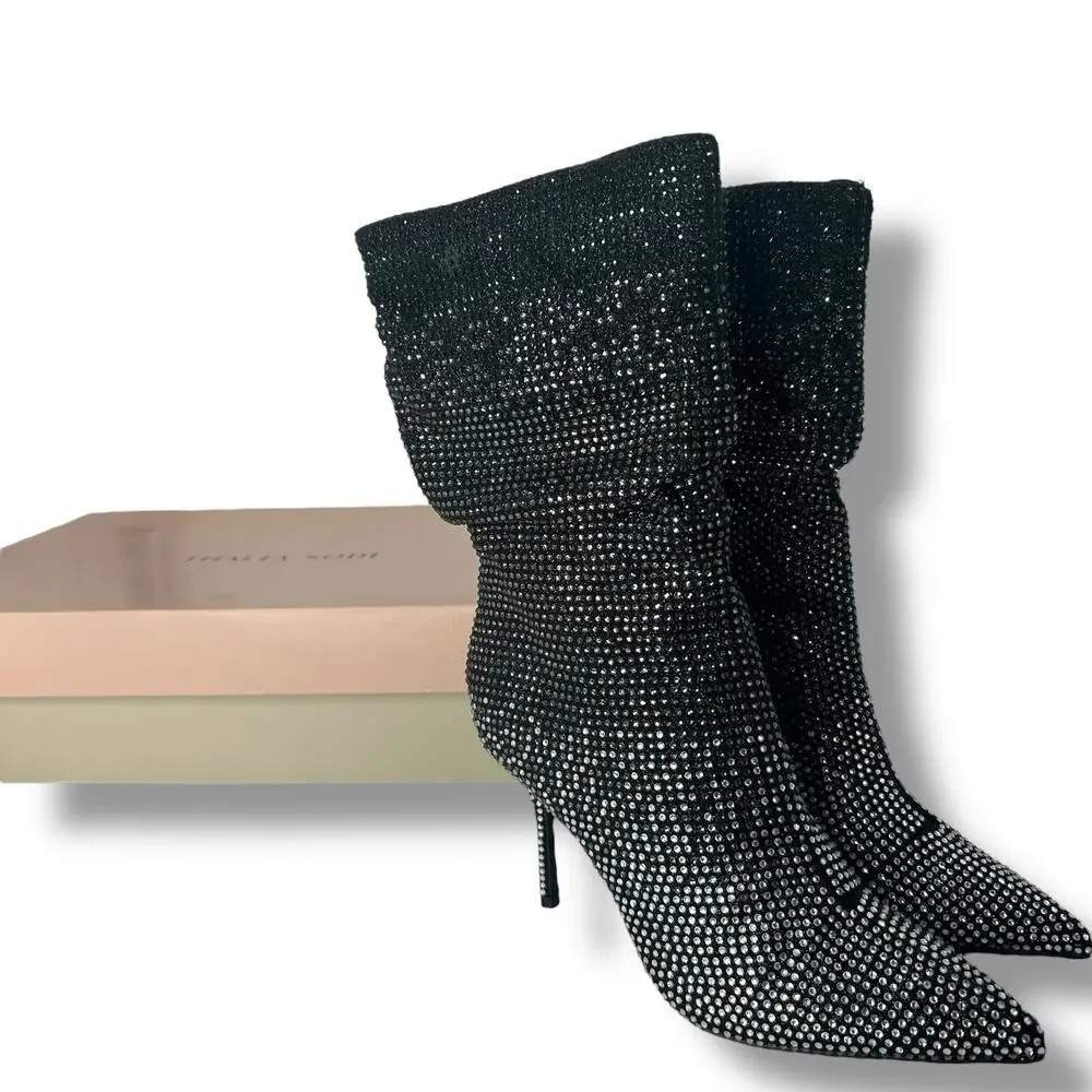 Thalia Sodi Raquell Black Rhinestone Slouch Boots Pointed Toe Stiletto Size 6